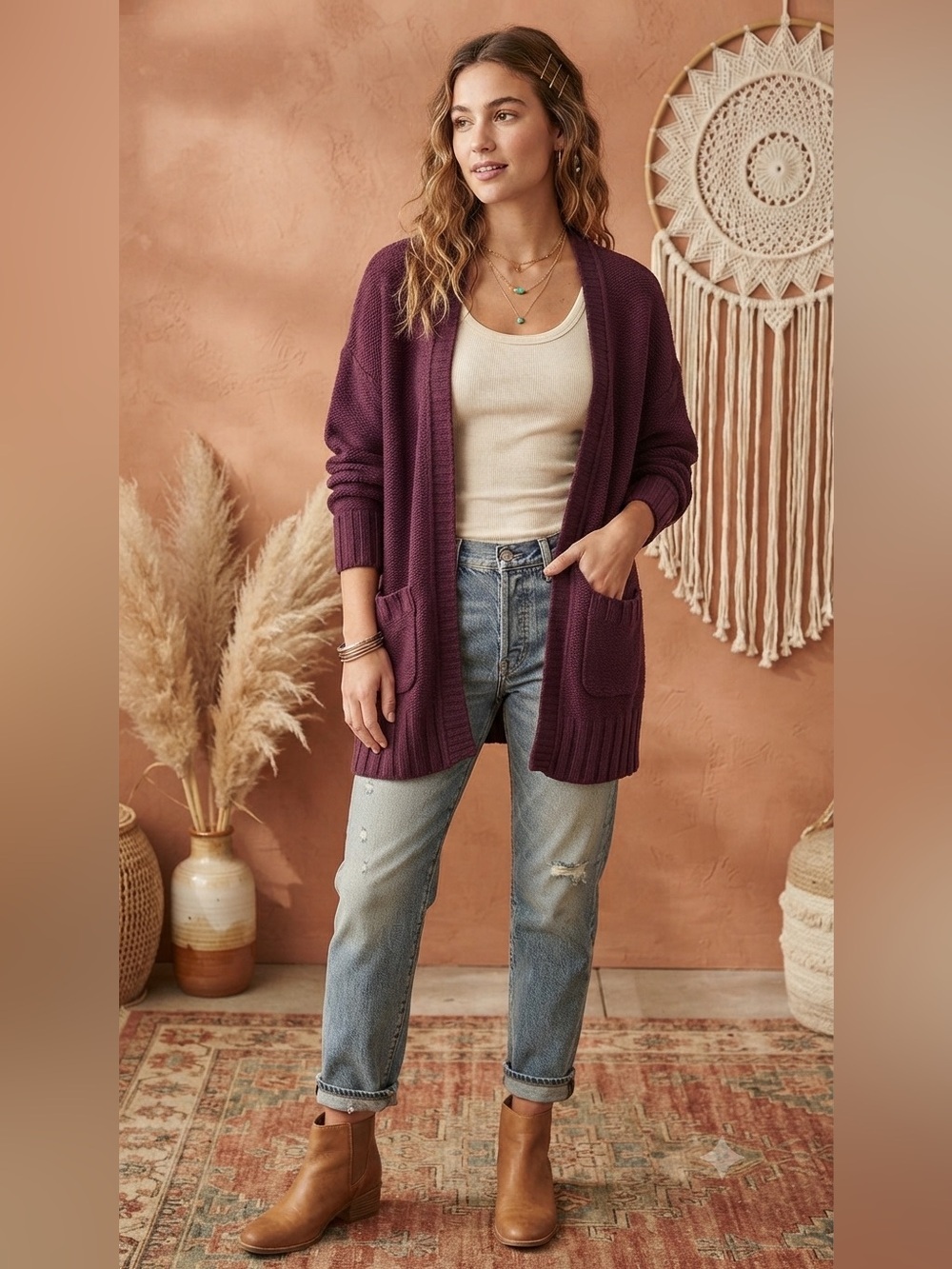 American Eagle Outfitters Maroon Plum Open Front Chunky Knit Cardigan Sweater X